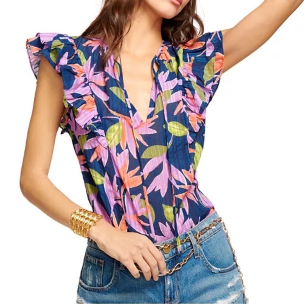 NWT Ramy Brook women's Orla split neck floral blouse size small